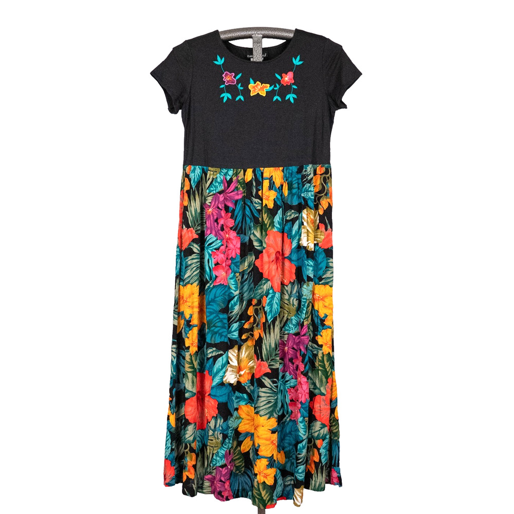 Vintage Carole Little Embroidered Floral Maxi Dress Tropical Hawaiian Hibiscus
